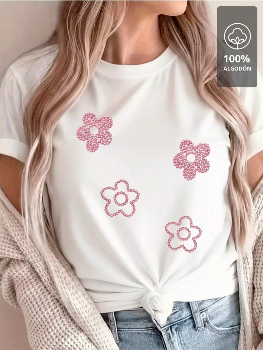 Shirt With Pink Beaded Flowers - Comfortable Fit, Suitable For Travel And Vacation. - 白色 - 查看 1