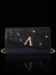 Shiny Luxury Women's Sequin Clutch, V-Shaped Metal Flap Bag, Letter Fashion Party Bag, Women's Ball Handbag, Women's Wedding Evening Bag, Shiny Luxury Diamond Jewelry Set, Sparkling Necklace, Earrings And Bracelet Set, Suitable For Matching Shiny Evening Gowns, Wedding Dresses And Party Outfits - Black - View 2