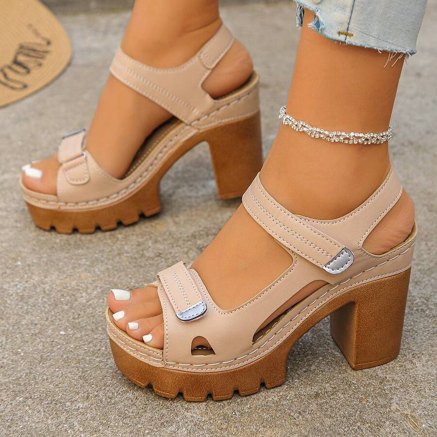 Women's High Heel Sandals Solid Color Hook And Loop Comfortable Chunky Heel Round Toe Sandals Minimalist Casual Party Fashion Sandals