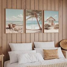 3Pcs Neutral Boho Beach Canvas Wall Art, Palm Swing, Beach Basket & Coastal Hut Prints, Calm Coastal Farmhouse Decor For Living Room Bedroom, Soft Tropical Home Decoration, Frameless - 834 - View 1