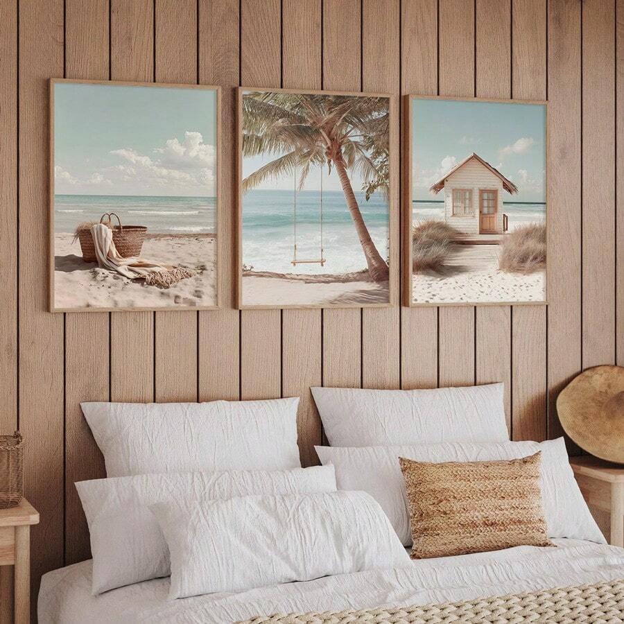 3Pcs Neutral Boho Beach Canvas Wall Art, Palm Swing, Beach Basket & Coastal Hut Prints, Calm Coastal Farmhouse Decor For Living Room Bedroom, Soft Tropical Home Decoration, Frameless - 834 - View 1