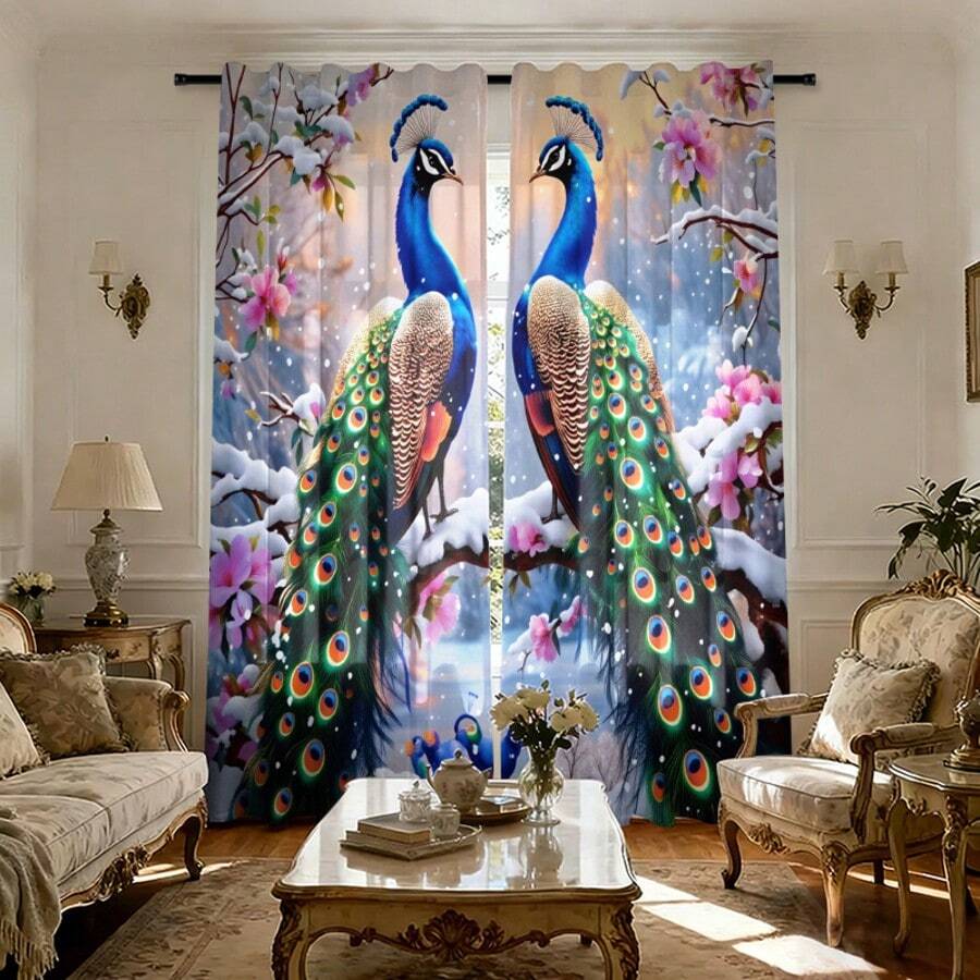2 Pezzi, Eleganti Tende Semi-Trasparenti a Motivo Pavone, Materiale in Poliestere Multifunzionale e Durevole (Asta Non Inclusa), Ideali per Soggiorno e Camera da Letto, Decorazione per la Casa per Tutte le Stagioni - Multicolore - Visualizzare 1