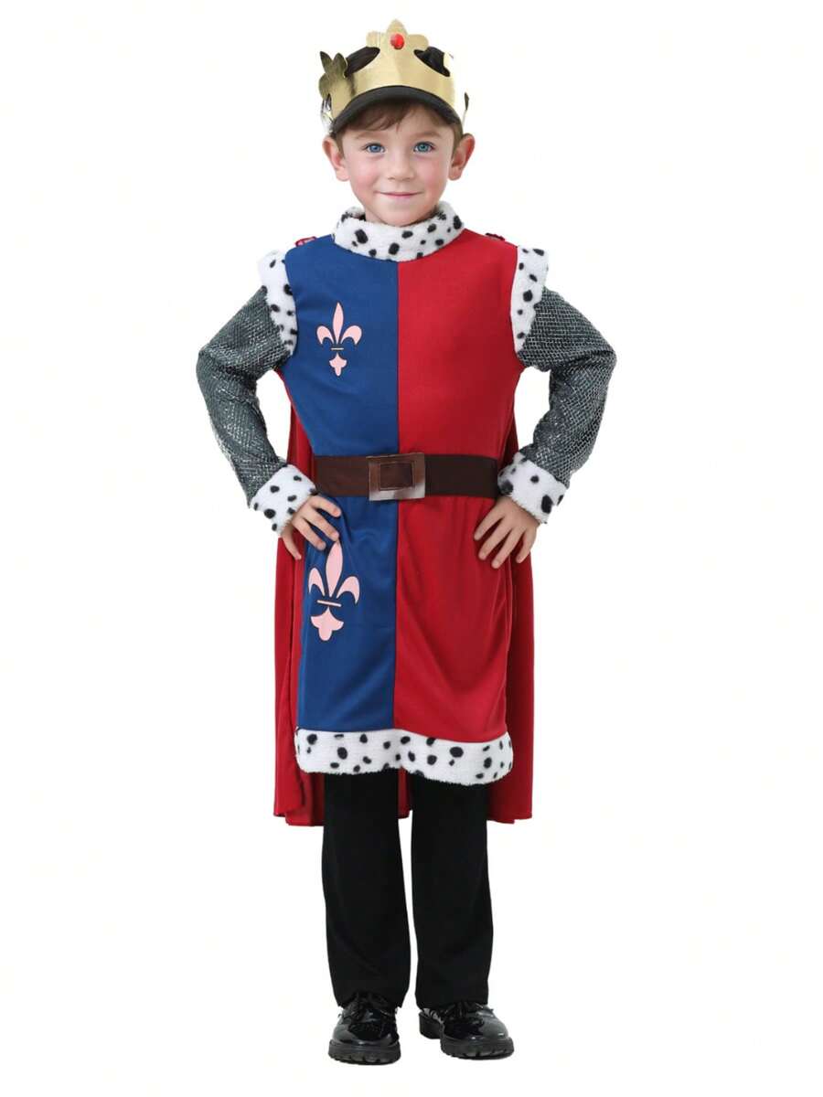 4 piezas Disfraz de Rey Medieval para Niños: Túnica + Corona + Capa + Pantalones, Adecuado para Actuaciones Escolares y Temas Históricos
