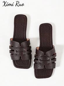 Ximi Ruo New Spring/Summer Fashion Casual Strap Slide Sandals, Comfortable Flat Heel Round Toe Beach Slippers, Holiday Essential - Coffee Brown - View 1