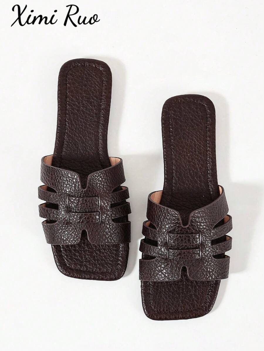 Ximi Ruo New Spring/Summer Fashion Casual Strap Slide Sandals, Comfortable Flat Heel Round Toe Beach Slippers, Holiday Essential - Coffee Brown - View 1