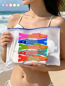 Waterproof Beach Makeup Bag, Colorful Fish Pattern, Ocean Theme Large Capacity Transparent Cosmetic Bag, Nylon Zipper, Lightweight Sun Protection Storage Bag, Portable Travel Organizer, Multi-Functional Storage Bag, Suitable For Swimming, Beach, Diving, Daily Use - Multicolor - View 8