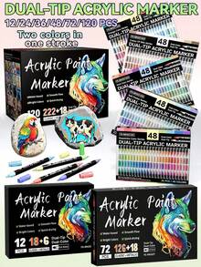 12/24/36/48/72/120pcs Boxed Multi-Specification Dual-Tip Dual-Color Acrylic Paint Markers, Single Pen 2 Colors 0.5-5mm Soft Brush Tip, Water-Based Quick Dry Waterproof High Coverage, Classic / Skin Tone / Macaron / Metallic Multi-Color Options Available, Stone Ceramic Canvas Wood Multi-Material DIY Hand Painting Graffiti Art Drawing Pens - Double Soft Tip Two-color Marker - View 2