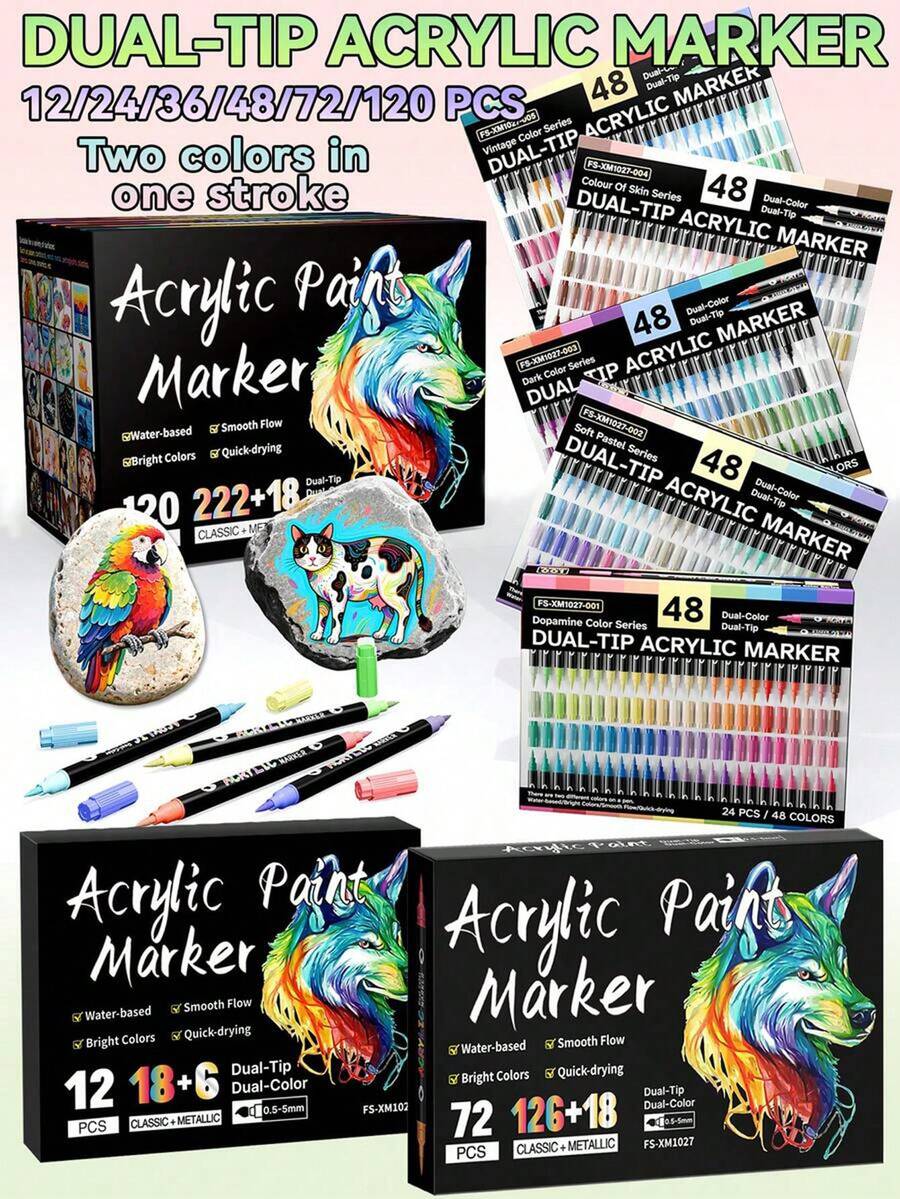 12/24/36/48/72/120pcs Boxed Multi-Specification Dual-Tip Dual-Color Acrylic Paint Markers, Single Pen 2 Colors 0.5-5mm Soft Brush Tip, Water-Based Quick Dry Waterproof High Coverage, Classic / Skin Tone / Macaron / Metallic Multi-Color Options Available, Stone Ceramic Canvas Wood Multi-Material DIY Hand Painting Graffiti Art Drawing Pens