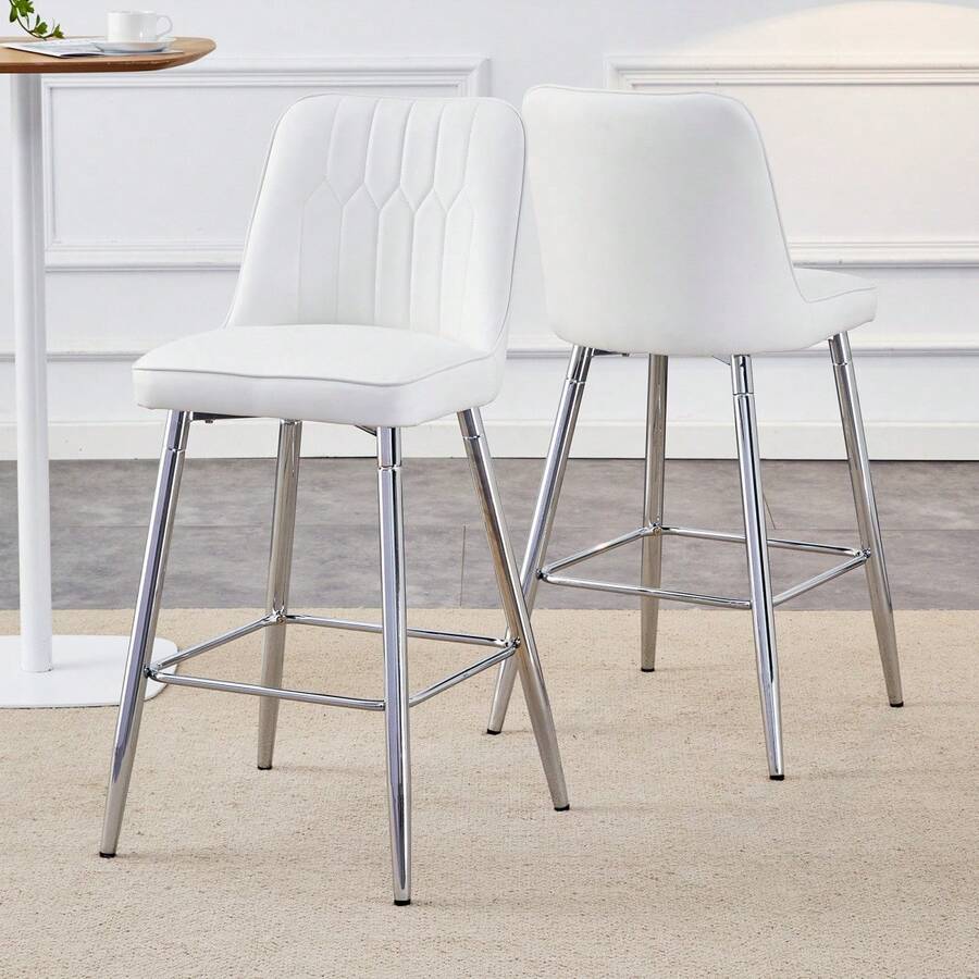 Set Of 2 Bar Stools / 100 Cm High. Stylish Bar Stools / Black PU Leather And Comfortable Footrest / Available In Several Colors / 120 Kg Load Capacity / For Restaurants, Bars And Living Rooms - 白色+銀色 - 查看 1