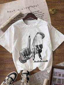 ZZG Es Trus Women's Summer "Devil Horns" Gesture Graphic Print Streetwear, Regular Niche Punk Style White Loose Plus Size Crew Neck Short Sleeve Casual - Black - View 1