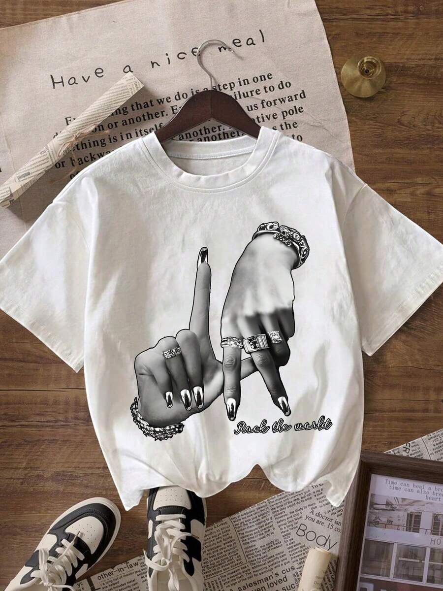 ZZG Es Trus Women's Summer "Devil Horns" Gesture Graphic Print Streetwear, Regular Niche Punk Style White Loose Plus Size Crew Neck Short Sleeve Casual - Black - View 1