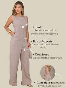 Elegant Linen Jumpsuit With Wide Legs And Discreet Pockets. - Mixed Brown - View 6