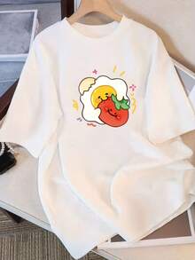 Camiseta holgada de cuello redondo para mujer, colección verano 2025, cómoda y casual, perfecta para un estilo juvenil y vibrante de uso diario - [Blanco] - Ver 1