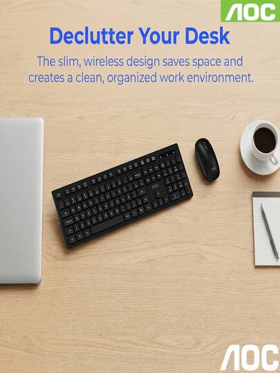 1 set Teclado y ratón inalámbrico AOC KM300, diseño delgado, oficina de negocios/hogar, conjunto clásico de moda, conjunto de teclado y ratón minimalista, ligero, portátil y duradero, compatible con múltiples dispositivos