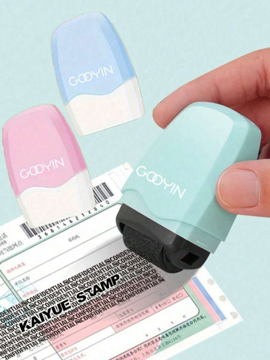 1pc ABS Material Identity Protection Roller Stamp With Ink, Combination Set, - GODYIN Privacy Protection, Used To Hide Confidential Information And Address, Anti-Theft, Blue/Pink/Green Optional, Fashionable Smooth Surface, School Supplies, Back To School Season - Style 1 - View 1