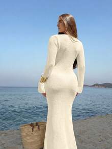 Women's Plus Size Bohemian Style Deep V-Neck Sheer Cover-Up Long Dress, Shell-Shaped Metal Buckle, Flared Sleeves, Summer Vacation Beach - Apricot - View 5