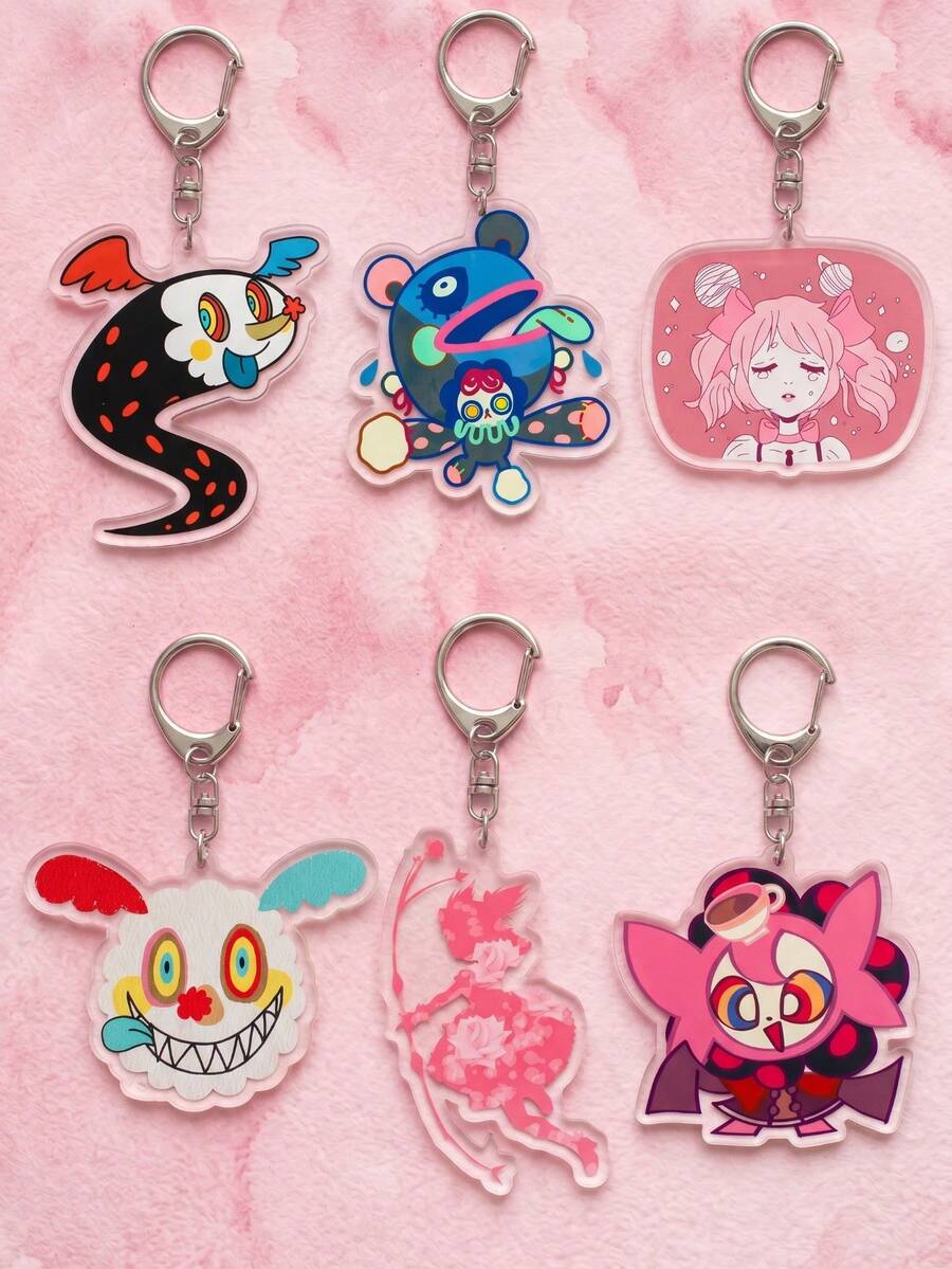 1Pc/6Pcs Anime Trinket Swapping Keychain, Featuring Various Quirky Witch And Classic Character Silhouette Patterns, Anime Style, High-Transparency Acrylic Material, Asymmetrical Silhouette, High-Definition Print With Exquisite D-Shaped Buckle, Fashionable Multi-Functional Bag Charm And Peripheral Decoration, Suitable For Back To School Season, Anime Convention Party, Daily Outfit And Fan Gift, All Seasons. - Multicolor - View 1