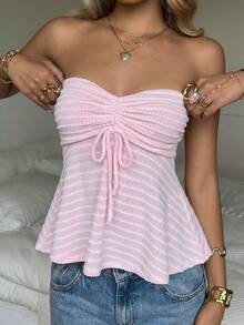 Top de tubo de punto a rayas rosas con cordón para verano - Rosa - Ver 4