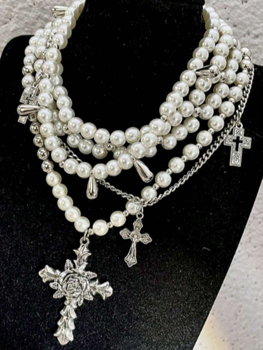 1 Set European & American French Classic Versatile Fashion Niche Design Pearl Beaded Necklace, Multi-Layer Layering, Unisex Sweater Accessory - Bronze - View 1
