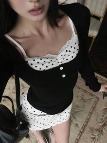 Polka Dot Lace Patchwork Long Sleeve T-Shirt, Elastic Slim Fit Flattering Elegant Fashion Inner Layer Base Top Black - Black - View 6