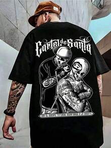Skull Tattoo Artist, Classic Retro Hop Casual Fashion Y2K Skull Tattoo Popular Skull Letter Print Boutique 180g Cotton T-Shirt - 黑色 - 查看 1
