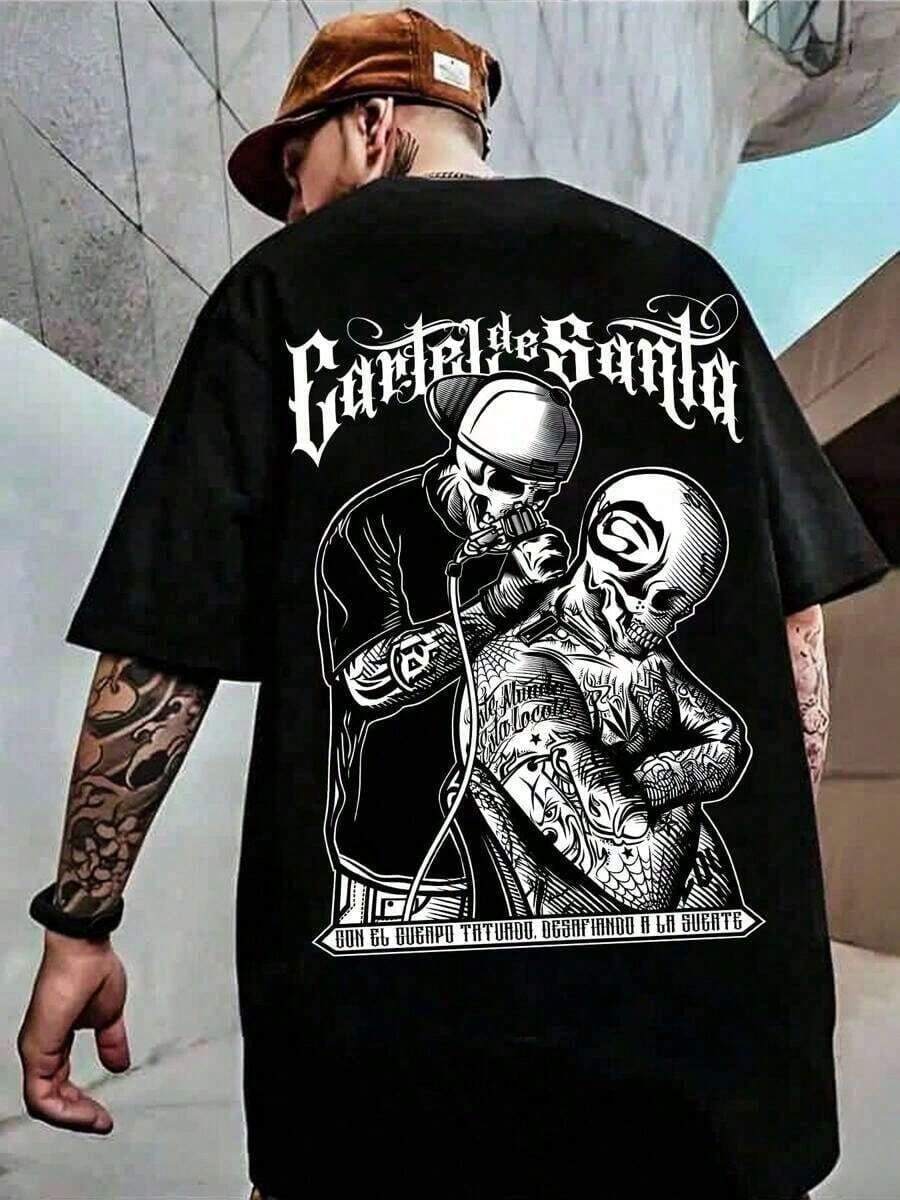 Skull Tattoo Artist, Classic Retro Hop Casual Fashion Y2K Skull Tattoo Popular Skull Letter Print Boutique 180g Cotton T-Shirt - 黑色 - 查看 1
