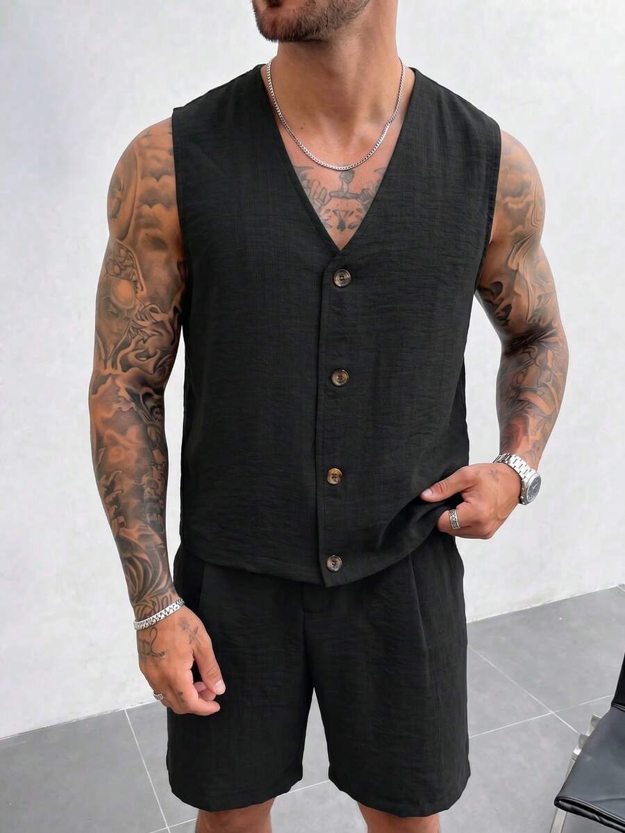 Herren Old Money Stil Lässig Set, Sommer Neu Herren Kunstleinen V-Ausschnitt ärmellose Weste und Lässig Shorts Set, minimalistisches schlankmachendes Outfit, Herren Lässig Hemd und Hose 2-teiliges Set - Schwarz - Übersicht 1