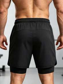 1pc Men's Summer 2-In-1 Sports Shorts, Fitness Shorts, Running Anti-Chafe Lined Shorts Set - Black - View 2
