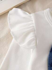 Baby Girl Spring/Autumn Fashion Denim Bow Decor White Ribbed Flutter Sleeve Long Sleeve Top And Frayed Bow Patch Denim Pants Set - White - View 4
