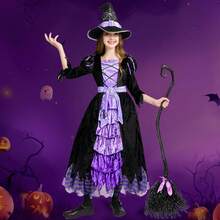 Disfraz De Bruja Infantil, Bonito Disfraz De Bruja De Cuento De Hadas De Lujo Con Sombrero De Escoba Para Fiesta De Halloween De Niñas. - S(115-125cm) - Ver 4