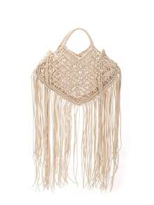 Handmade Woven Beach Vacation Tassel Bag - White - View 3