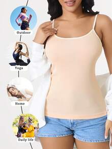 CELILIN Minimalist Contrast Color Spaghetti Strap Tank Top, Korean Style Contrast Ribbed Camisole, Slim Fit Flattering Versatile Inner Layer Top - Apricot - View 5