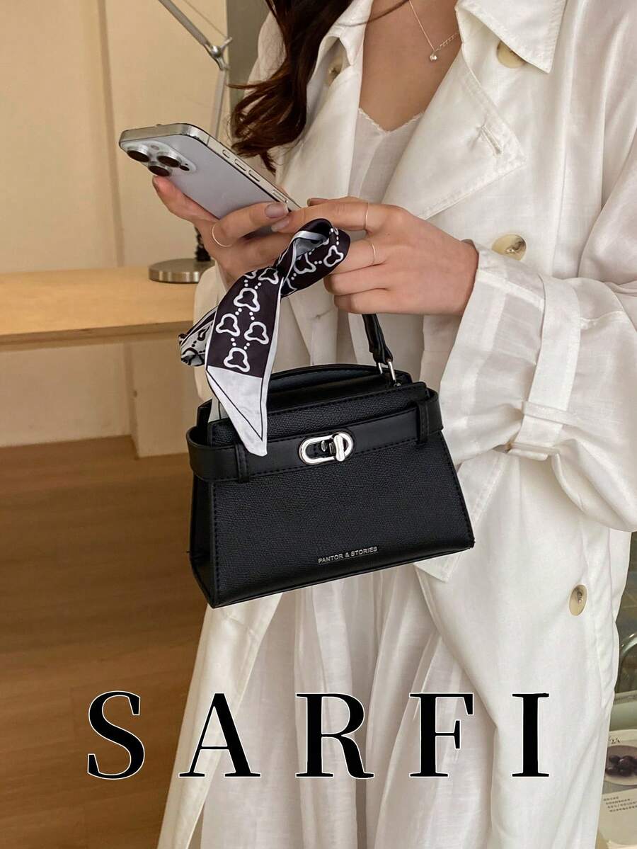 優雅精緻金屬裝飾女款手提包,時尚精緻絲巾肩帶可調節單肩包/斜挎包 - 黑色 - 查看 1