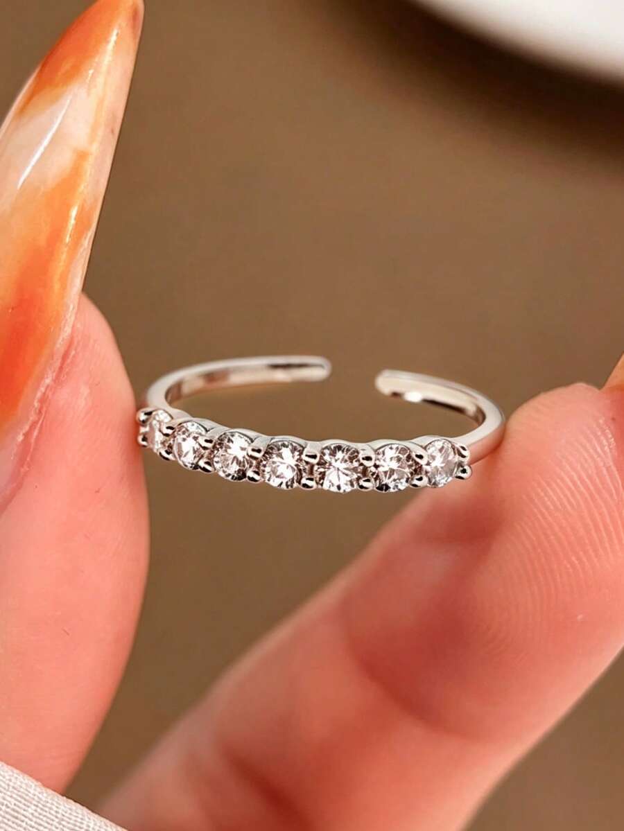 1 pieza Anillo fino de plata de ley S925 con diseño de cielo estrellado, anillo minimalista de estilo Ins para mujer con brillo transparente, joyería de moda de alta gama con estética fría versátil para ir al trabajo, fiestas y ambiente, regalo exquisito y delicado de nicho - de perforación - Ver 1