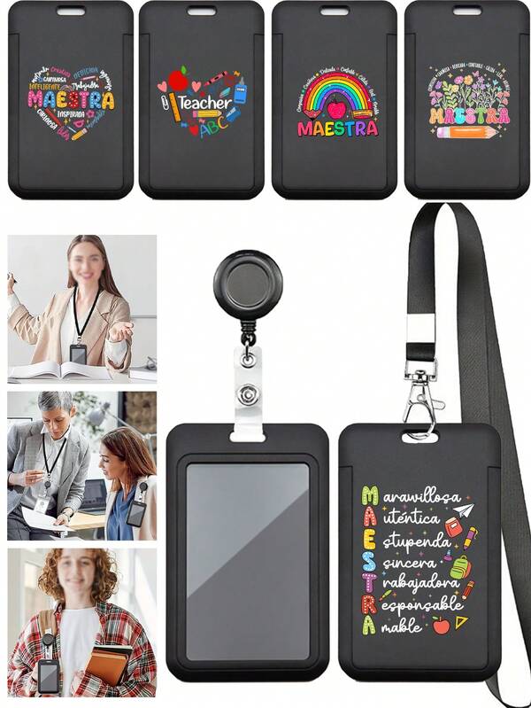Teacher's Day Retractable ID Badge Holder - With Black Retractable Reel Clip, "Teacher" "Maestra" Teacher Style Print, Anti-Theft Badge Holder With Lanyard, For Teachers/Office Workers Back To School Or Returning To Work, Black Lanyard With Easy-Pull Retractable Badge Clip, Thumb Slot Hard Plastic Card Protector, Expandable ID Card Holder, Medical Insurance Card Protector, Waterproof Medical Card/Social Security Card Protector, Bus Card Holder, Back To School, Teacher's Day Gift