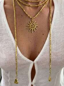 1 pièce Collier long pour femme, matériau en métal doré, collier à couches mode, pendentif tournesol avec perles géométriques, cadeau de vacances - Doré - Voir 2