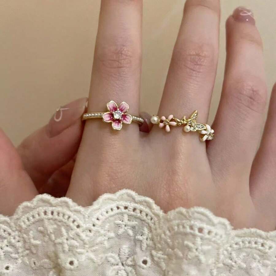 2件組時尚蝴蝶花卉裝飾開口戒指套組，適合女性情人節日常配戴，媽媽、母親節禮物，海灘度假、婚禮等多場合使用 - 彩色 - 查看 1