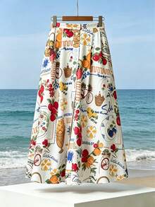 Yuyi Clothing 復古水果花卉印花高腰A字中長裙，前開鈕扣口袋度假擺裙，夏季款 - 彩色 - 查看 1