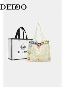 Dedoo 女款鉤編針織托特包，3D彩色花朵貼花鏤空布料，寬針織肩帶，大容量波希米亞風可愛休閒夏季沙灘包（附贈禮品袋） - 杏色 - 查看 9