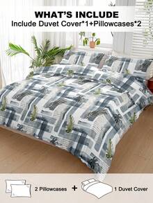 2/3pcs Watercolor Plaid Tropical Green Leaf Print Duvet Cover Set(1 Duvet Cover & 2 Pillowcase)Soft And Skin-Friendly Duvet Cover Bedding Set For Home, All Season Bed Sheets Set - Multicolor - View 2