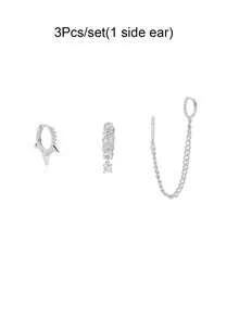 3pcs/Set Women's Earrings Set, Gold-Plated Zirconia Hoop Earrings With Chain Drop, Layered Style - 3Pcs/set(1 Side Ear) - View 7