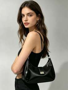 Minimalist Black Curved Crescent-Shaped Messenger Bag With Adjustable Shoulder Strap, Vintage Shoulder Bag - A - View 2