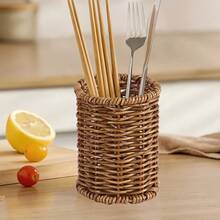 1pc Handmade Rattan Woven Kitchen Utensil Storage Bucket, Nordic Style Tableware Organizer, Home Multifunctional Cookware Storage Basket, Vintage Faux Rattan Pen Holder, Office Student Desktop Makeup Brush Storage Bucket, Home Miscellaneous Items Chopsticks Holder - View 3