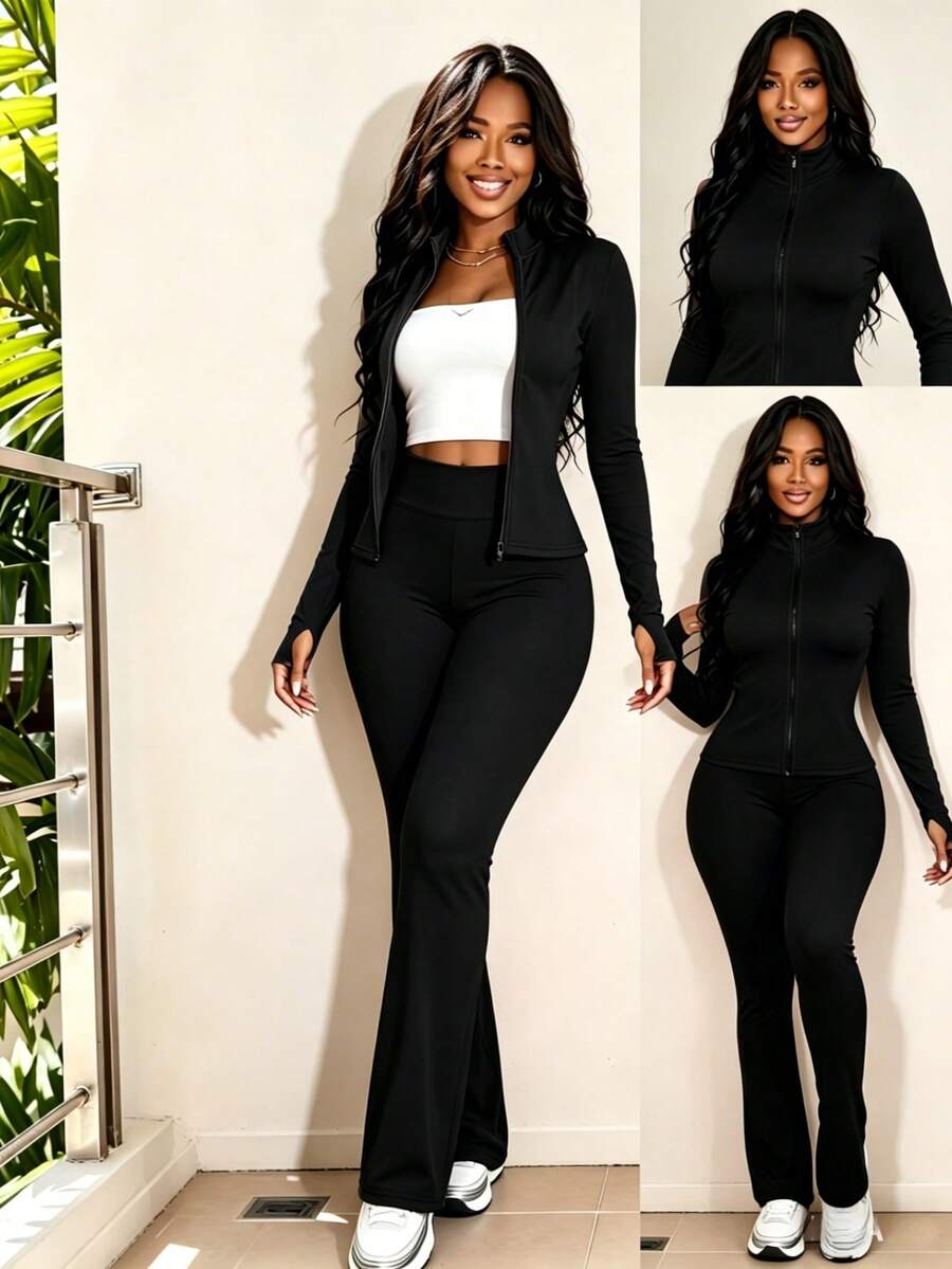 2pcs Set Summergray Slim-Fit Short-Sleeve T-Shirt And Loose Pants Casual Outfit A New Casual Set For Women Featuring Long-Sleeved Solid Color Tops - Black - View 1