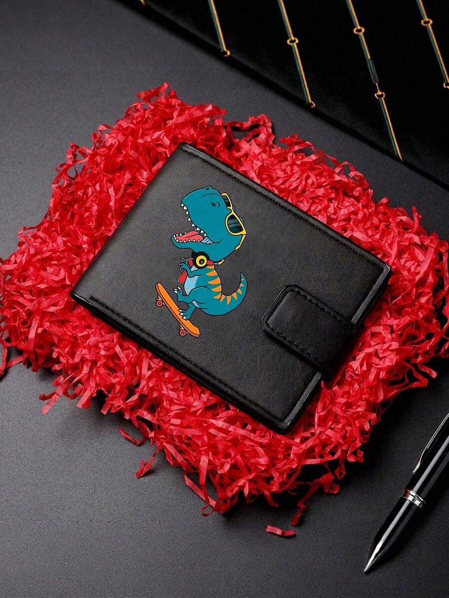 時尚人造皮革錢包-緊湊拉鍊信用卡夾與零錢包,按扣式零錢與信用卡收納袋,「Don't Touch My Wallet」設計,適合日常使用 - 黑色+滑板恐龍 - 查看 1