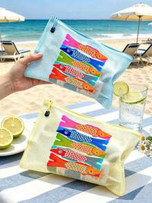Waterproof Beach Makeup Bag, Colorful Fish Pattern, Ocean Theme Large Capacity Transparent Cosmetic Bag, Nylon Zipper, Lightweight Sun Protection Storage Bag, Portable Travel Organizer, Multi-Functional Storage Bag, Suitable For Swimming, Beach, Diving, Daily Use - Multicolor - View 4