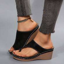 Women's Wedge Platform Sandals, Comfortable Fashionable Summer Toe-Split Sandals For Commuting Outfits - Black - View 3