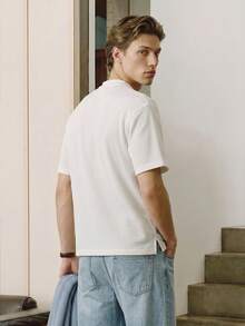Men's White Waffle Knit Half-Zip Henley T-Shirt, Short Sleeve Casual Top - White - View 8