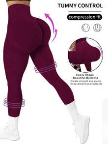 Slayform Mallas sin costuras de cintura alta para mujer - Tacto suave y elástico, secado rápido y transpirable con estiramiento en 4 direcciones que levanta el trasero, adecuado para senderi - Burdeos - Ver 1