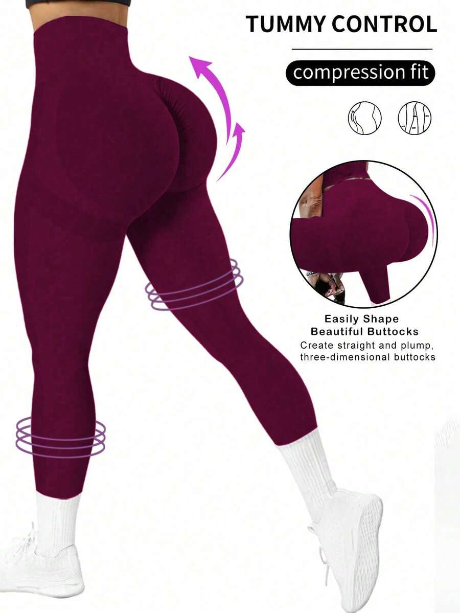 Slayform Mallas sin costuras de cintura alta para mujer - Tacto suave y elástico, secado rápido y transpirable con estiramiento en 4 direcciones que levanta el trasero, adecuado para senderi - Burdeos - Ver 1